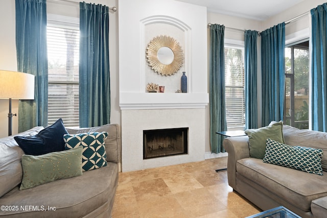 living room featuring a fireplace