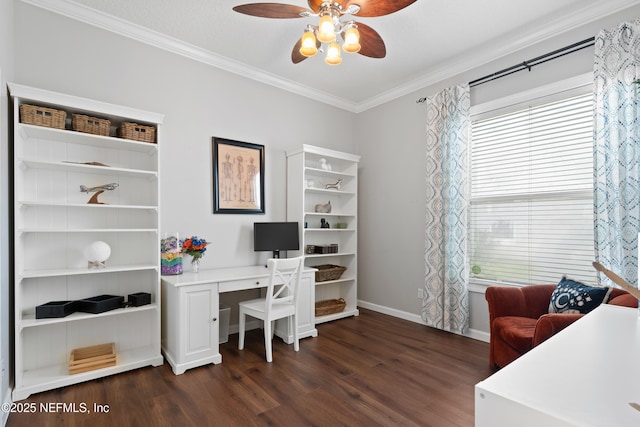 office featuring crown molding, a ceiling fan, dark wood-style flooring, and baseboards