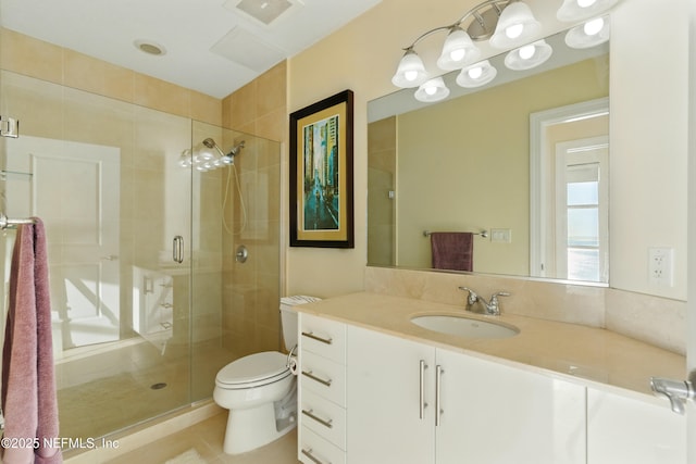 full bath featuring vanity, visible vents, tile patterned flooring, a shower stall, and toilet