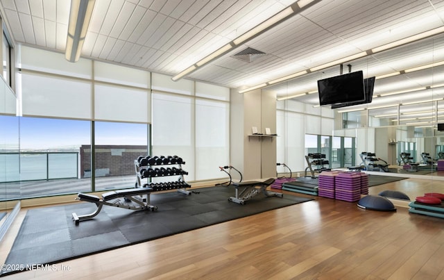 exercise room featuring visible vents, expansive windows, and wood finished floors