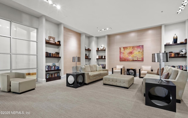 carpeted living room with baseboards and built in shelves