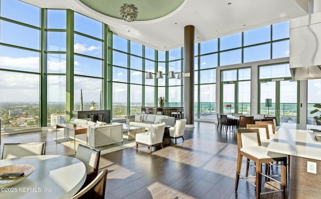 interior space with a wealth of natural light, expansive windows, and wood finished floors