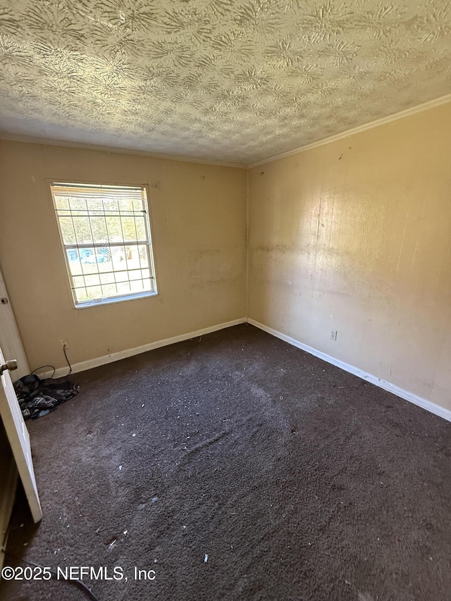 spare room with carpet, baseboards, and a textured ceiling