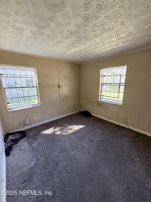 carpeted empty room with a healthy amount of sunlight, baseboards, and a textured ceiling