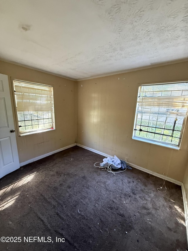 empty room featuring baseboards, a wealth of natural light, and a textured ceiling