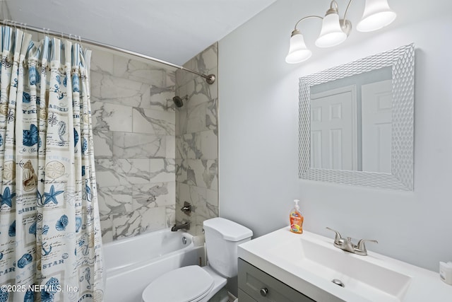 full bath featuring shower / bathtub combination with curtain, toilet, and vanity