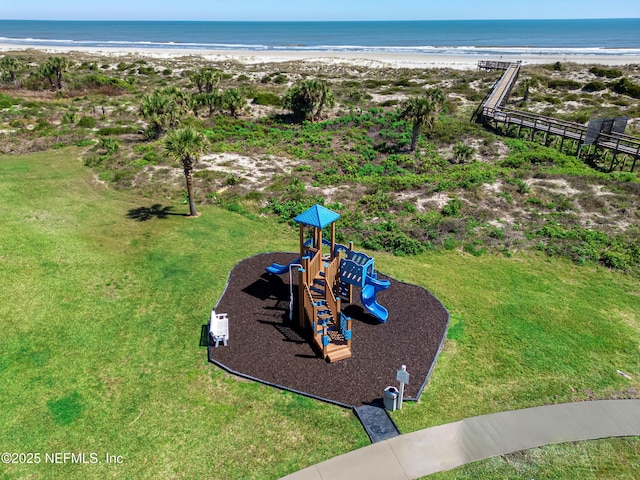 bird's eye view with a view of the beach and a water view