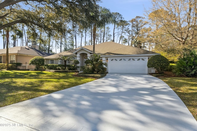 ranch-style house featuring stucco siding, a garage, concrete driveway, and a front yard