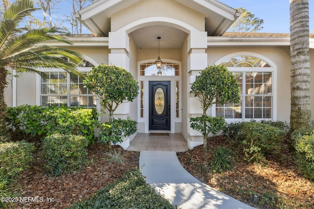 view of exterior entry with stucco siding