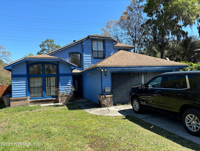 view of front of house with a front lawn, roof with shingles, concrete driveway, and an attached garage