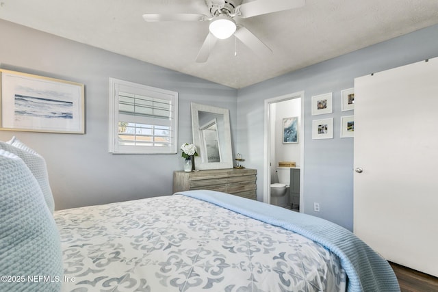 bedroom featuring connected bathroom and ceiling fan