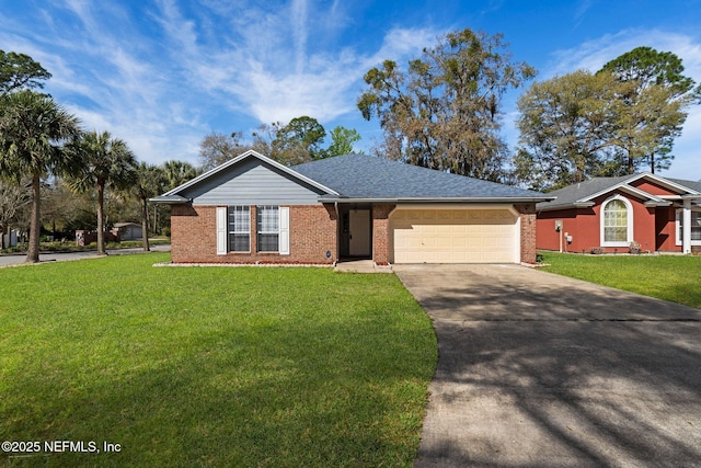 ranch-style house featuring brick siding, driveway, a front yard, and an attached garage