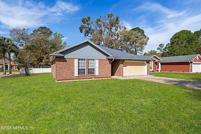 single story home featuring a front lawn, brick siding, concrete driveway, and an attached garage