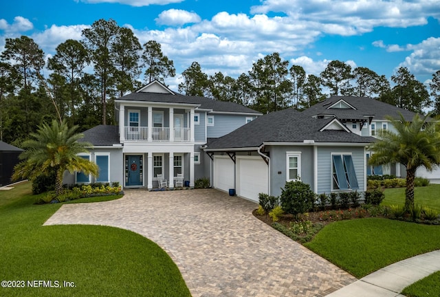 view of front of property featuring a front lawn, decorative driveway, roof with shingles, an attached garage, and a balcony