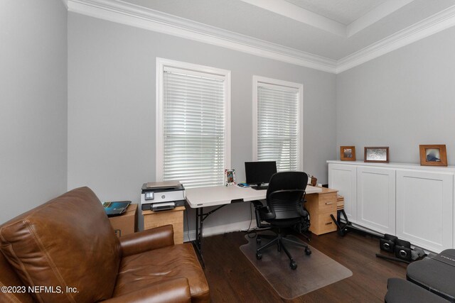 office with dark wood finished floors and ornamental molding