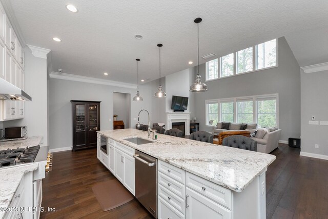 kitchen featuring ornamental molding, a sink, stainless steel dishwasher, a fireplace, and range