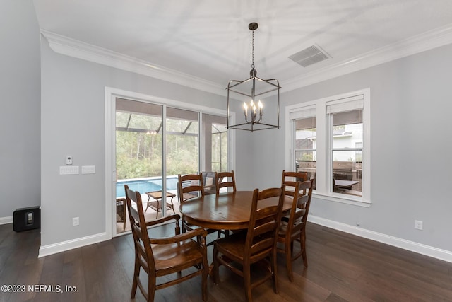 dining area with crown molding, dark wood-style floors, and visible vents