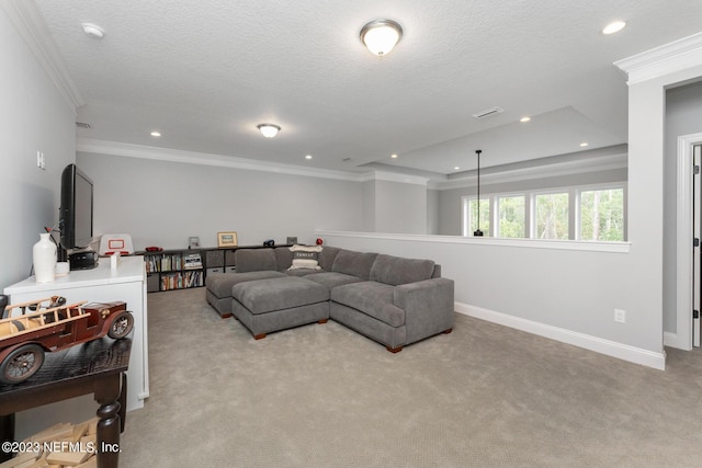 living area with recessed lighting, baseboards, light colored carpet, and crown molding