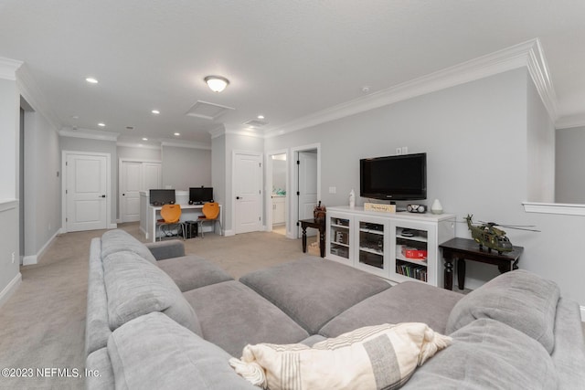 living area with baseboards, attic access, recessed lighting, light carpet, and crown molding