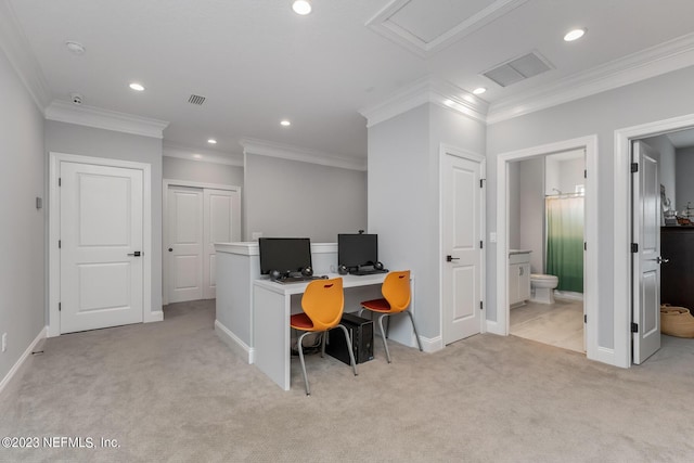 office space featuring light carpet, visible vents, and recessed lighting