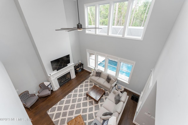 living area featuring dark wood-style floors, plenty of natural light, a fireplace, and a towering ceiling