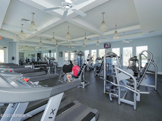 workout area featuring visible vents, coffered ceiling, and ceiling fan