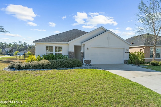 view of front of home with a front yard, stucco siding, a garage, stone siding, and driveway