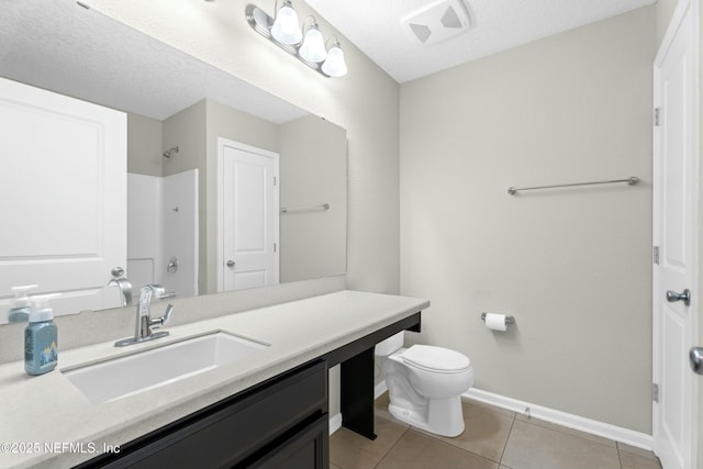 bathroom featuring visible vents, baseboards, walk in shower, toilet, and tile patterned floors