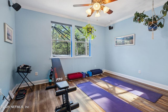 exercise room featuring crown molding, baseboards, and wood finished floors