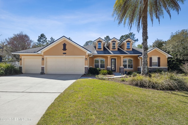 view of front of house with a front lawn, concrete driveway, stucco siding, a garage, and stone siding