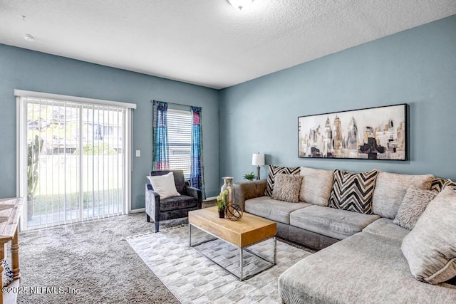 carpeted living area featuring a textured ceiling