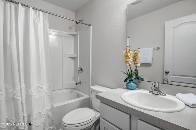 bathroom with toilet, vanity, and shower / bath combination with curtain