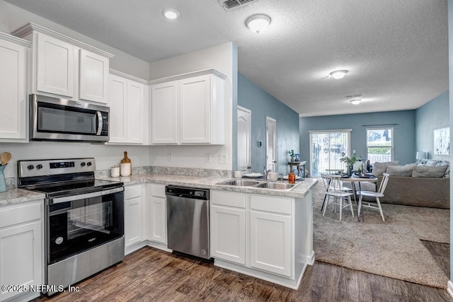 kitchen with open floor plan, appliances with stainless steel finishes, white cabinetry, and a sink