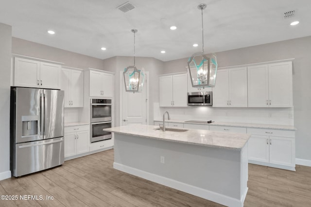 kitchen with a sink, visible vents, white cabinetry, and stainless steel appliances