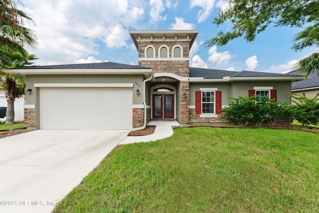 view of front facade featuring stucco siding, french doors, concrete driveway, and a front lawn