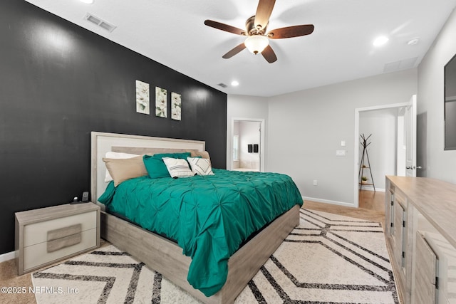 bedroom featuring recessed lighting, visible vents, light colored carpet, and baseboards