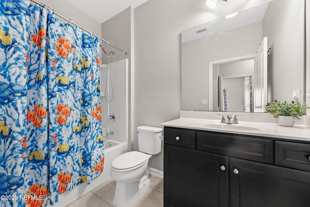 full bath featuring vanity, visible vents, tile patterned flooring, shower / bath combination with curtain, and toilet