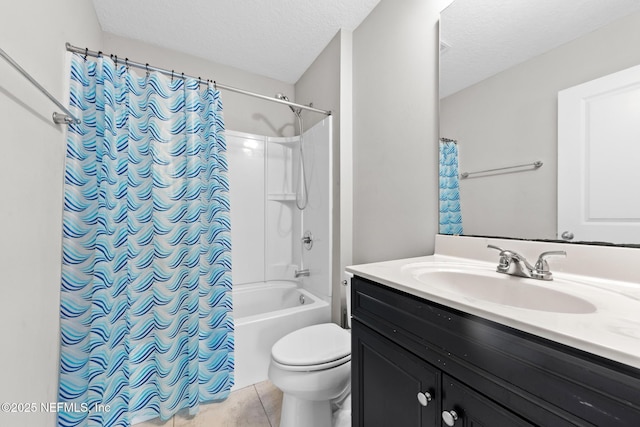 bathroom featuring vanity, shower / bath combo, a textured ceiling, tile patterned floors, and toilet