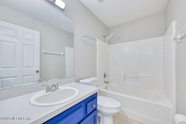 bathroom featuring vanity, bathing tub / shower combination, a textured ceiling, tile patterned floors, and toilet