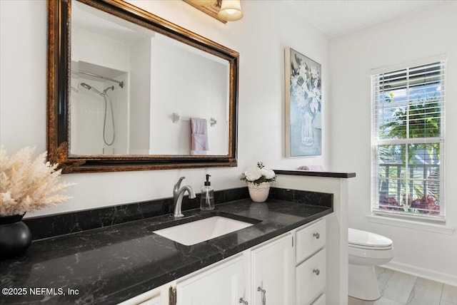 bathroom with toilet, vanity, and a shower