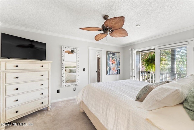 bedroom with a textured ceiling, crown molding, access to outside, and light carpet