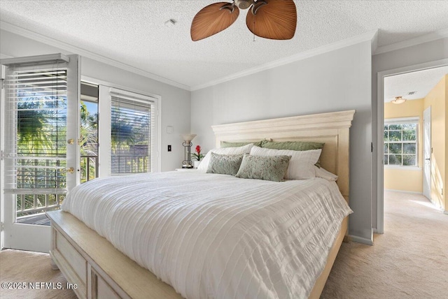 bedroom with light colored carpet, access to exterior, crown molding, and a textured ceiling