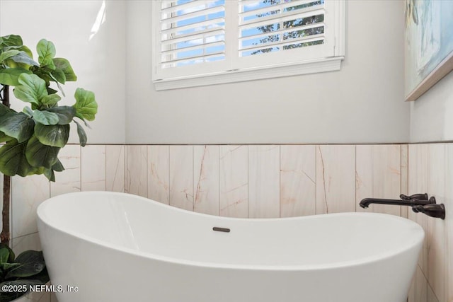 bathroom with a wainscoted wall and a freestanding bath