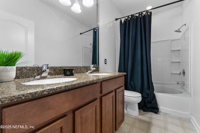 full bath featuring double vanity, toilet, shower / bathtub combination with curtain, and a sink