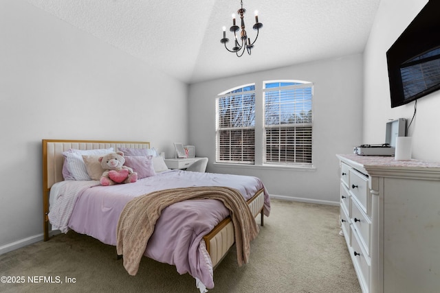 bedroom featuring a textured ceiling, a notable chandelier, baseboards, and light carpet