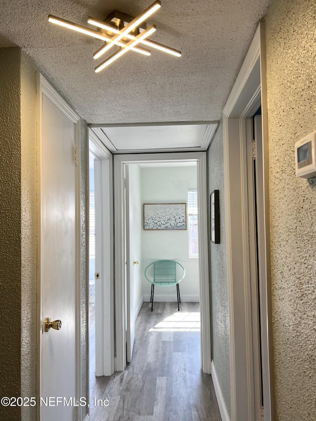 corridor featuring wood finished floors, a textured ceiling, baseboards, and a textured wall