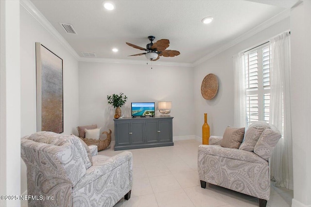 203 Country Brook Ave, Ponte Vedra, FL 32081 - living room with crown molding, recessed lighting, a ceiling fan, and visible vents