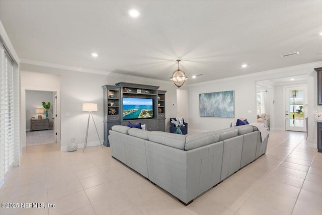 203 Country Brook Ave, Ponte Vedra, FL 32081 - living area with light tile patterned floors, visible vents, recessed lighting, ornamental molding, and a chandelier