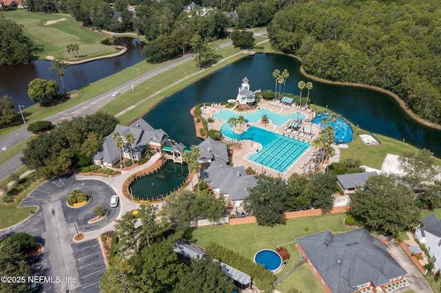 bird's eye view with a water view