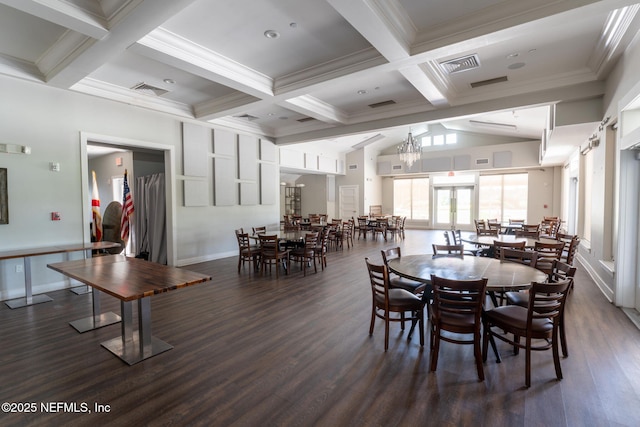 dining room featuring visible vents, crown molding, beamed ceiling, wood finished floors, and coffered ceiling